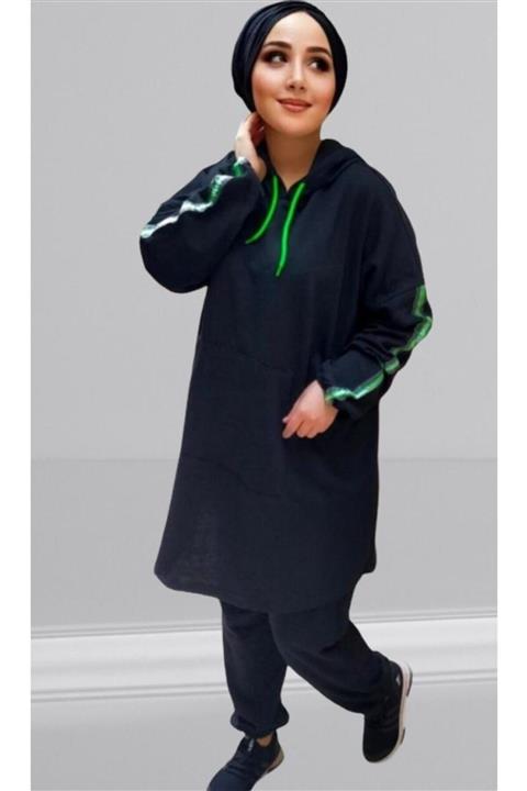 CNG MODA Unisex Tesettür Siyah Yeşil Fosforlu Eşofman Takımı