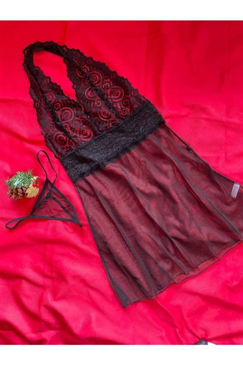 ARLİNDA Siyah Dantel Detaylı Tül Boyundan Askılı Gecelik Babydoll