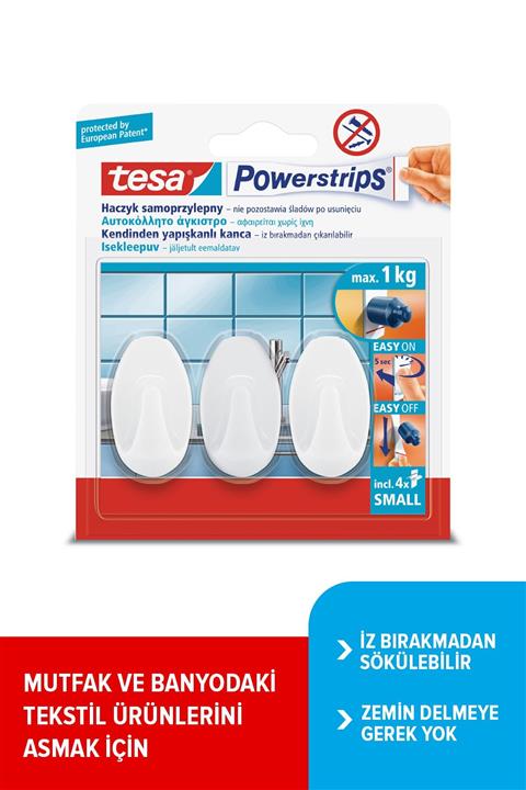 Tesa Powerstrips Askı Küçük Oval Kendinden Yapışkanlı, Çıkarılabilir, beyaz