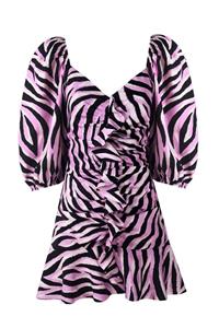 Whenever Company Lila Siyah Zebra Desenli Volanli Mini Dokuma Elbise