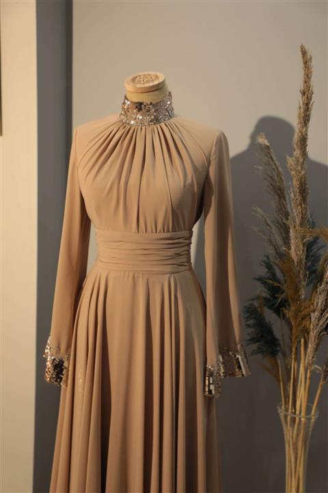 PİRAYE VERA 36-38 Beden Vizon Drape Detaylı Tesettür Abiye