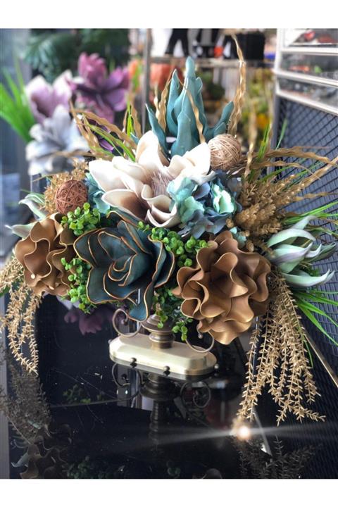 TASARIMHMODA Yapay Çiçek Aranjmanlı Antik Balık Vazo