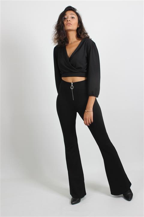 LACHT Kadın Siyah Yüksek Bel Fermuar Detaylı Ispanyol Paça Pantolon