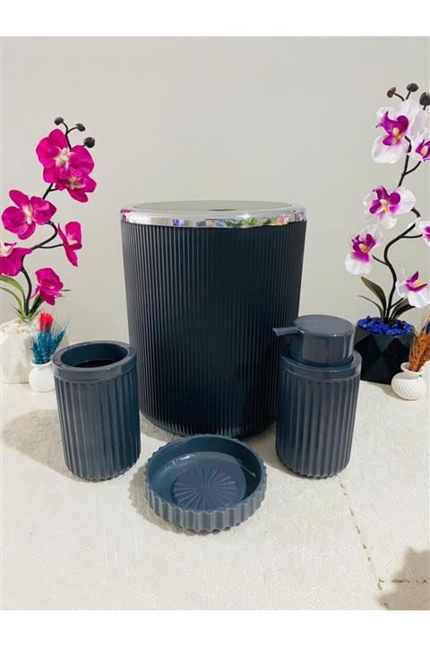 HomeFuture Banyo Seti 4lü 4 Parça Banyo Seti Çöp Kovası Diş Fırçalık Sıvı Ve Katı Sabunluk Siyah