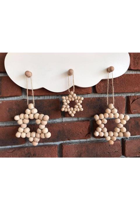DECORABUTİK Ahşap Dekoratif Boncuklu Yıldız 3'lü