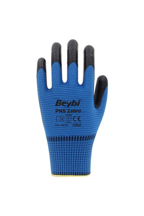Beybi Pn5 Zebra Mavi Polyester Örme Nitril Işçi Eldiveni 9 Numara 12 Çift