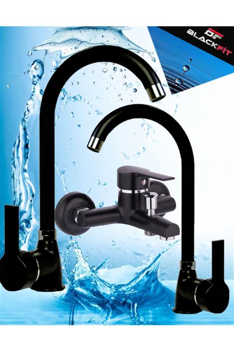 BlackFit Pirinç Çift Su Girişli Lüx Siyah 3'lü Banyo Ve Mutfak Seti Banyo Ve Mutfak Lavabo Bataryası