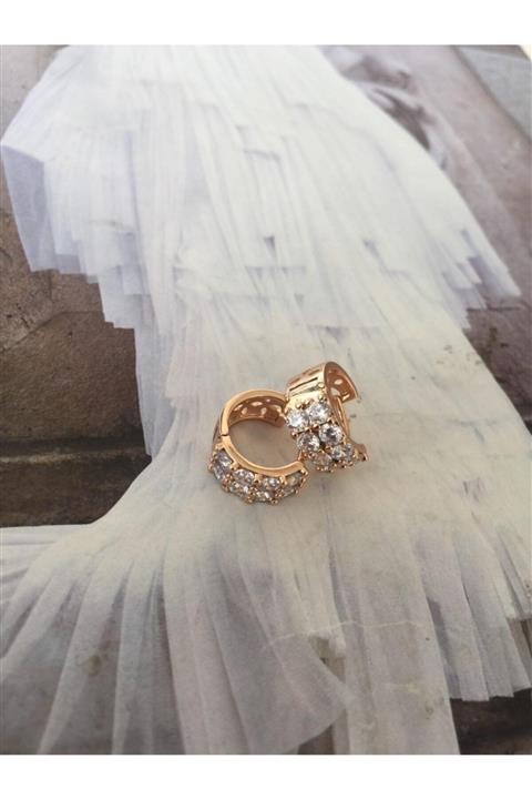 ACCESSORIES WORLD Çelik Zirkon Taşlı Altın Kaplama Gold Renk Halka Küpe