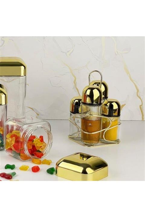 Zücev Kitchen Art Gold Stantlı 4 Parça Yağlık Sirkelik Tuzluk Takımı