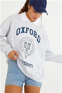 BROWSER Gri Oxford Baskılı Gömlek Yakalı Sweatshirt