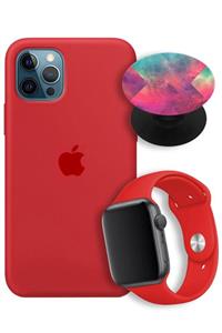 Apple Watch 1 40 mm  Uyumlu Silikon Kordon + Iphone 11 Pro Max Lansman Logolu Kırmızı Kılıf + Popsocket