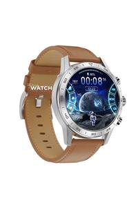 ShinyWATCH Kk70 Business Ve Spor Özellikli Wifi Yuvarlak Akıllı Saat Gümüş Kahve Deri Kordon