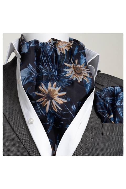 Exve Exclusive Lacivert Krem Çiçek Baskılı Erkek Fular Mendil Seti