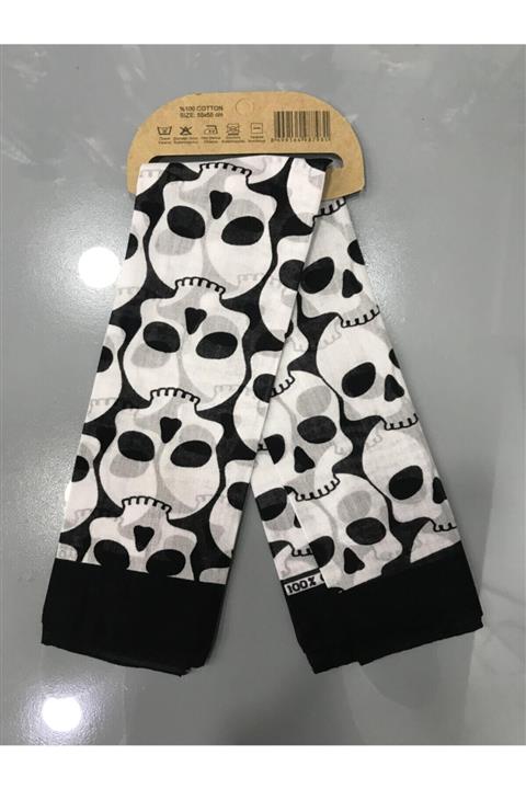 Sammaan Unisex Beyaz Kuru Kafa Desenli Pamuklu Bandana
