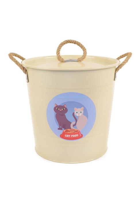 Desen Dekorasyon Kedi Maması Saklama Kabı Urgan Kulplu Krem