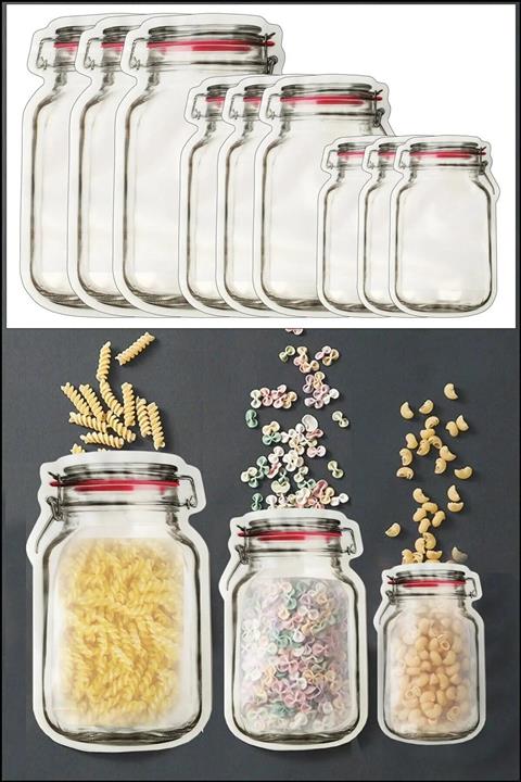 modalonga 9 Adet 3 Boy Kavanoz Görünümlü Kilitli Saklama Kabı / 150ml - 500ml - 620ml
