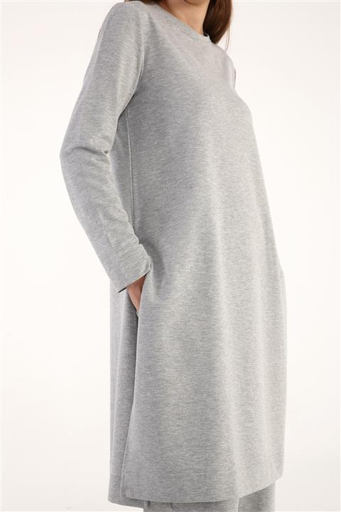 ALLDAY Gri Melanj Yırtmaçlı Pamuklu Basic Pantolonlu Takım