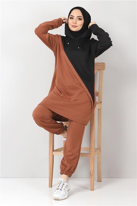 Tesettür Dünyası Çapraz Şeritli Ikili Takım Tsd10586 Taba