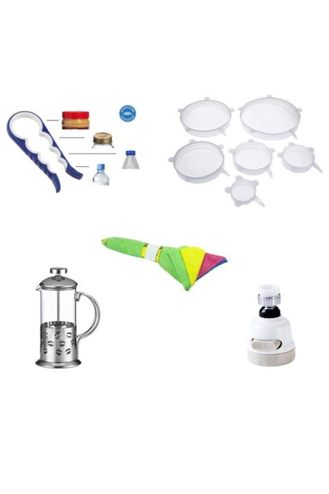 Mashotrend 10 Parça Mutfak Seti - 350 ml French Press + Musluk Başlığı + 4 Lü Bez + 6 Lı Silikon Kapak + Açacak
