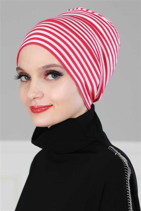 Biriz Moda Bere Model Tesettür Bone Fuşya Çizgili
