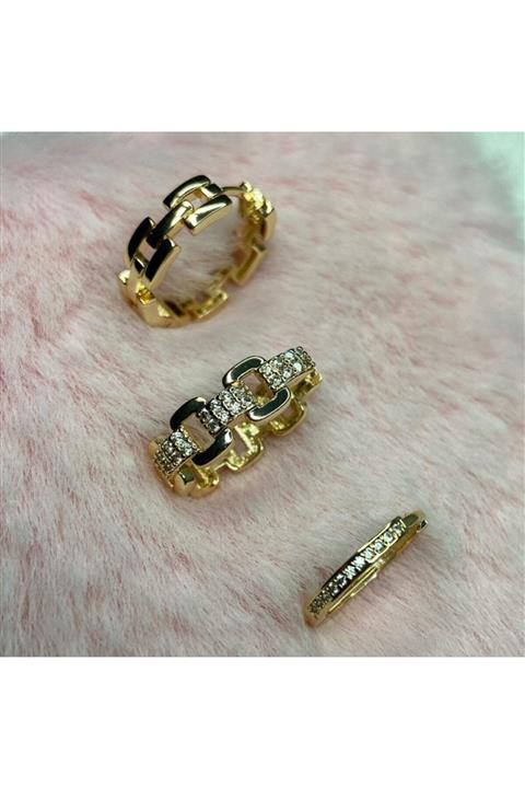 Yademaksesuar Gold Zirkon Taşlı Zincir Model Üçlü Küpe