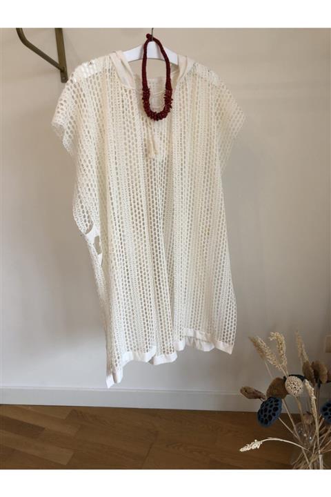 ZUA STYLE Ekru Fileli Kapüşonlu Kimono