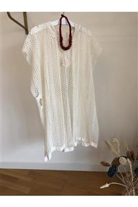 ZUA STYLE Ekru Fileli Kapüşonlu Kimono