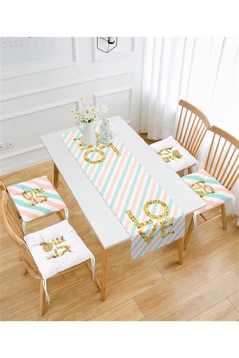 Realhomes Renkli Çizgi Zeminli Love Temalı Özel Tasarım 4 Pofidik Sandalye Minderi Ve 1 Runner Seti