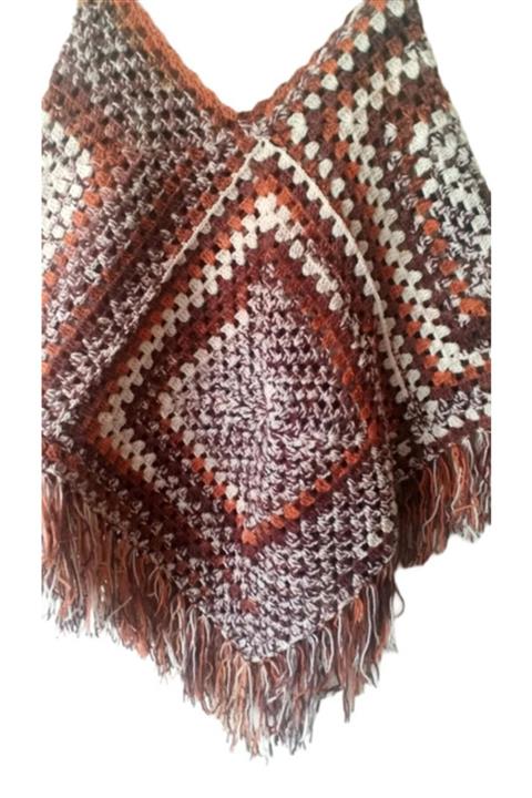 eLm El Örgüsü Kahve Büyük Motifli Kadın Panço