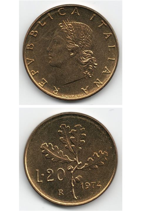 Benim Koleksiyonum Italya, 20 Lire 1974, Çil Eski Madeni Para