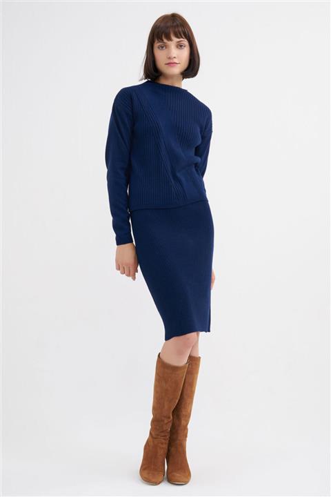 BGN Lacivert  Dik Yaka Triko Kazak Etek Takım