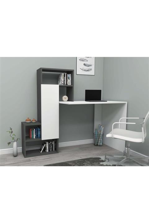 ARNETTİ Irmak Çalışma Masası Beyaz-antrasit 119x139x55 Raflı Ve Dolaplı Dekoratif Tasarım Uzun Ömürlü