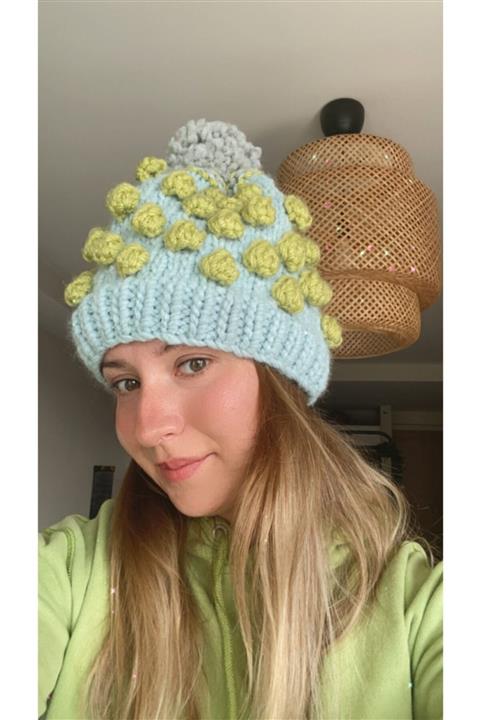 Flux Design Factory El Örgüsü Yün Mavi Ve Yeşil Ponponlu Chunky Kadın Şapkası Beresi