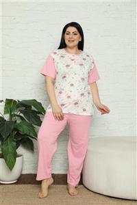 Temporium Kadın Büyük Beden Açık Pembe Çiçek Desenli Kısa Kollu Pijama Takımı