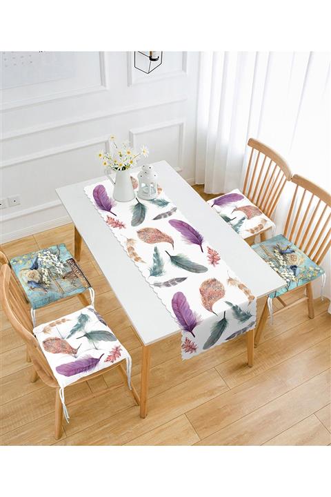 Realhomes Tüy Ve Kuş Tasarımlı Özel Motifli 4 Pofidik Sandalye Minderi Ve 1 Runner Seti