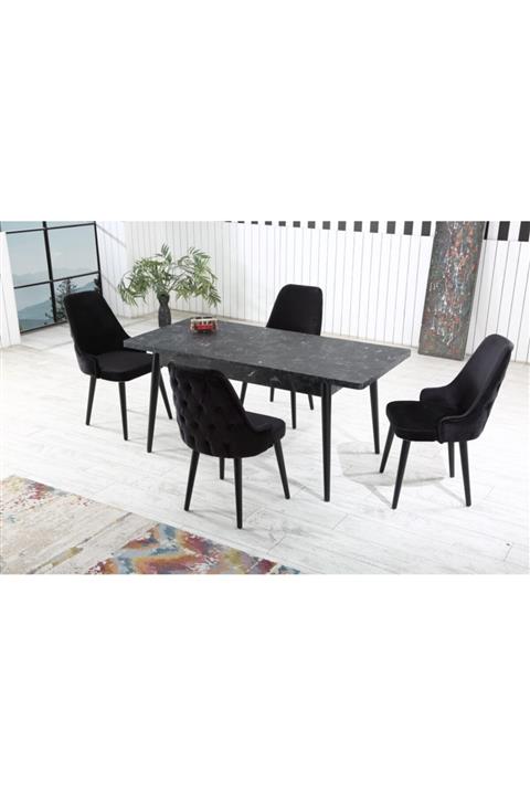 Ervo Minor Siyah Salon Mutfak Yemek Masa Takımı 4 Sandalyeli