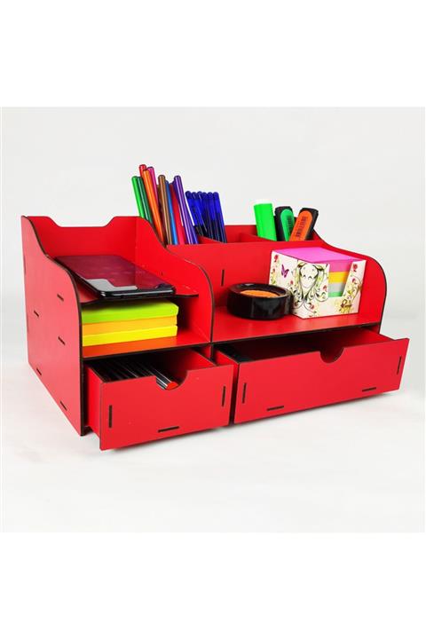 woodsia Azur Çekmeceli Masaüstü Kalemlik Organizer (kırmızı)
