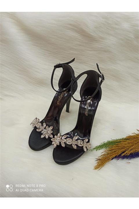 HAVVA SHOES Kadın Siyah Saten Taşlı Platformlu Ince Topuklu Tek Bant