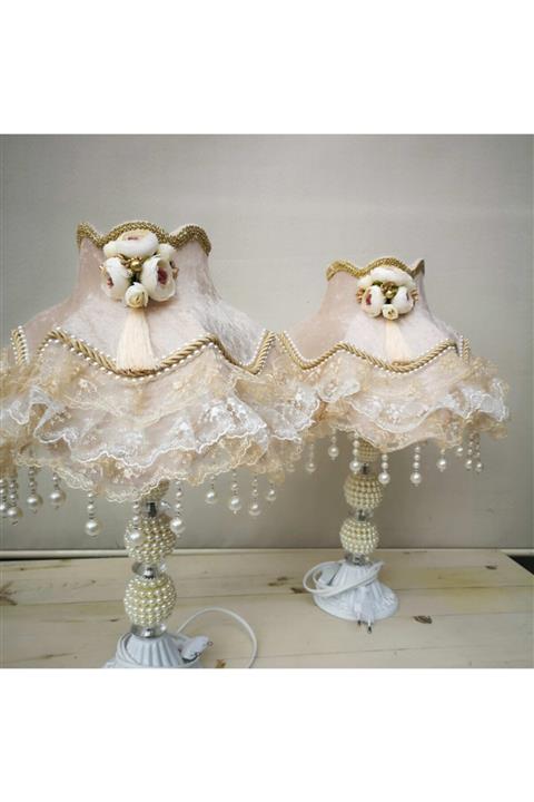 Dekovien Çiçek Dekorlu Iki Adet Abajur Dekoratif Eşya