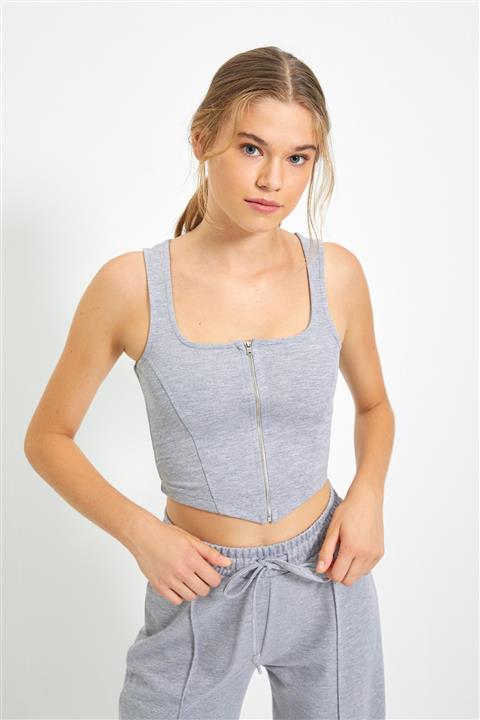 TRENDYOLMİLLA Gri Fermuar Detaylı Wide Leg Örme Alt-Üst Takım TWOAW22AU0086