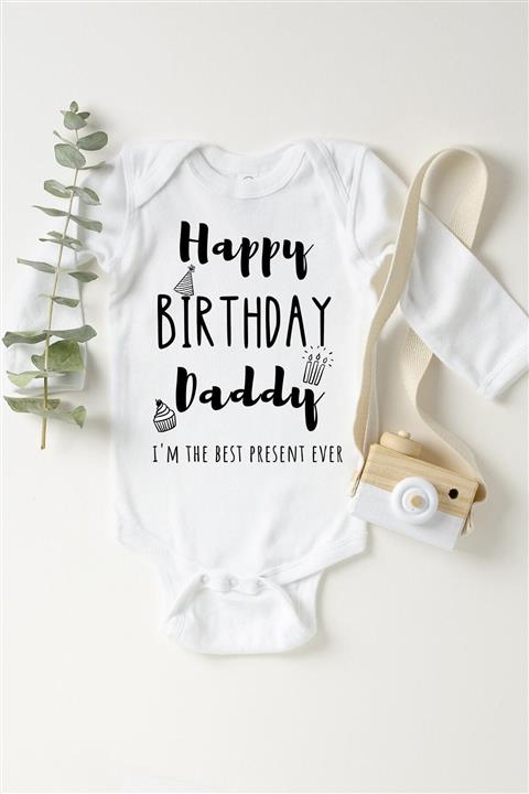 Limon Unisex Çocuk Beyaz Doğum Günün Kutlu Olsun Babacığım Çıtçıtlı Body