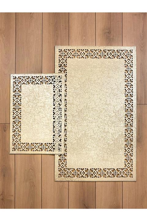 Creativehome Ottoman Light Gold Deri, Kaymaz Taban, Yıkanabilir, Dekoratif Banyo Paspas 40x60-60x100 2li