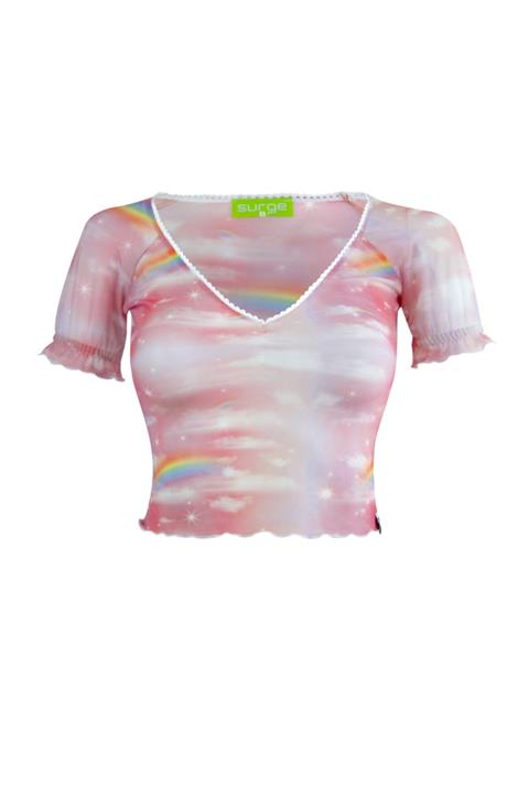 Surge Pembe Tül Dantel Detaylı Crop Üst Bluz