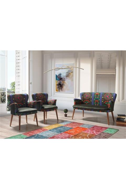 Vistaso Concept Etnik Desen Çay Seti Koltuk Takımı, Salon, Balkon, 2+1+1 (yeşil)