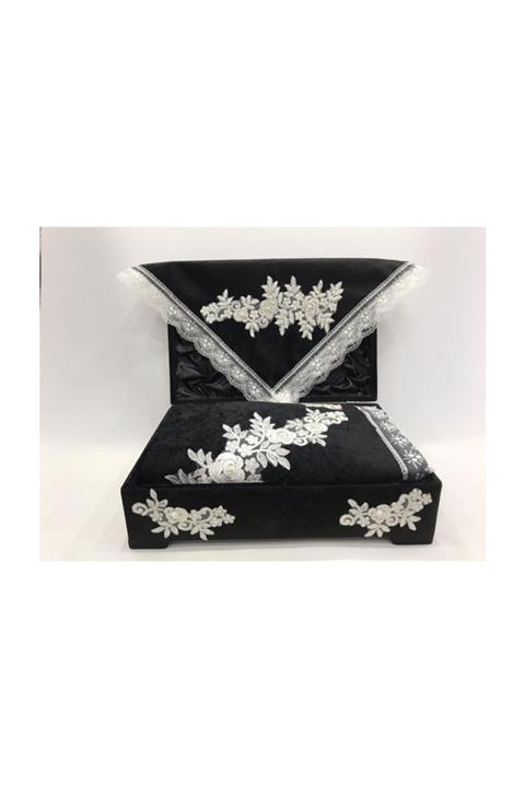 Eylül Fransız Güpür Sandıklı Seccade Takımı Kadife Bohça Seti Siyah
