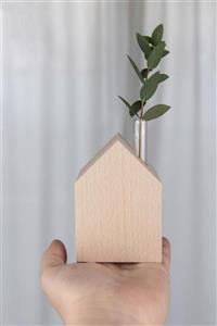 LALEZEN Ev Saksılık Mini Cam Tüp Vazo Saksı Ahşap Standlı Saksılık - House Wooden