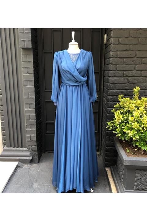 İyem Tesettür Janjan Şifon Tesettür Abiye - Mavi