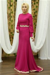 Feiza Collection Inci Detaylı Balık Model Tesettür Abiye Elbise - Fuşya