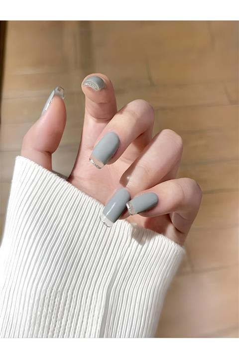 Magic Atlas Gri Simli French Nail Art Takma Tırnak Seti