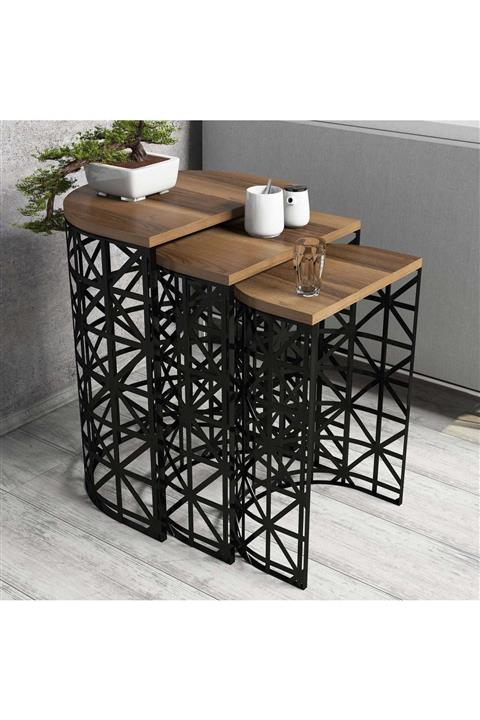 Variant Mobilya Stil Metal Ferforje 3Lü Zigon Sehpa - Ceviz